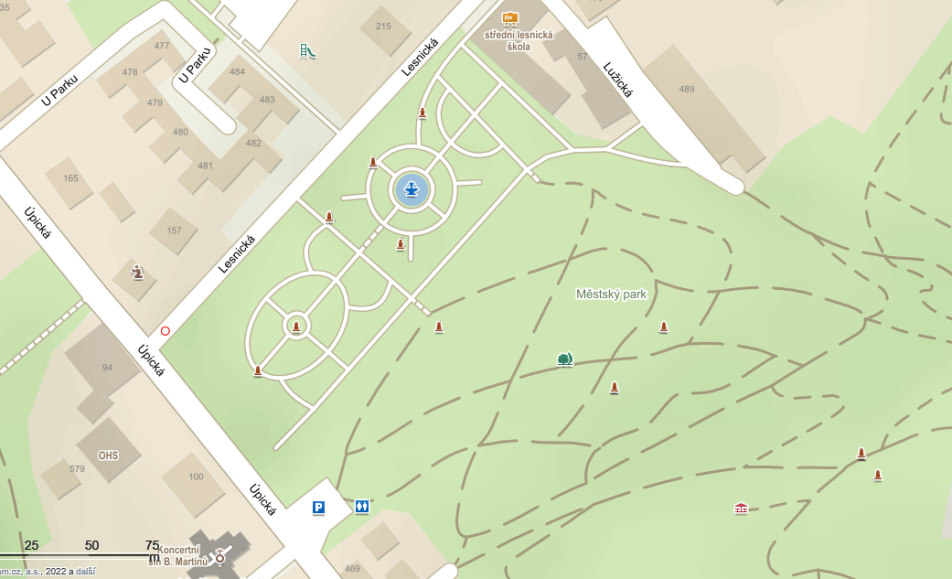mapa městského parku v Trutnově