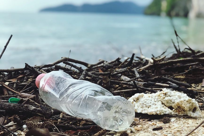 plastová lahev leží na zemi u vody