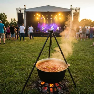 Atmosféra venkovního festivalu: guláš, rocková hudba a fanoušci