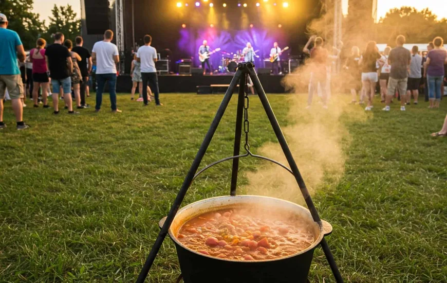 Atmosféra venkovního festivalu: guláš, rocková hudba a fanoušci