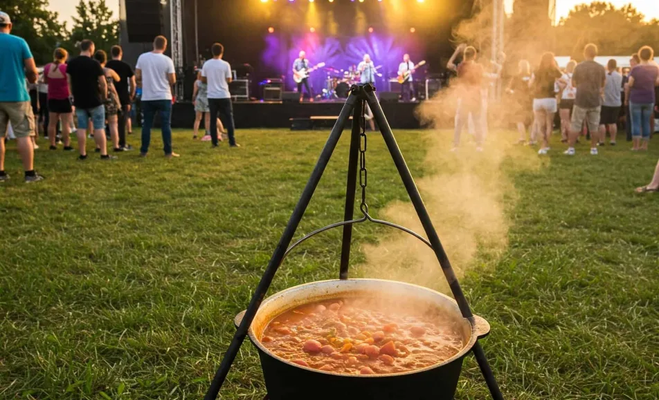 Atmosféra venkovního festivalu: guláš, rocková hudba a fanoušci