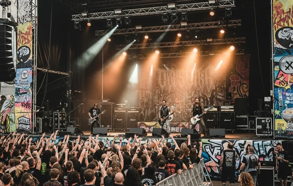 Širokoúhlý záběr pódia na festivalu Obscene Extreme, kde grindcoreová kapela hraje pro rozvášněný dav v mosh pitu pod ostrými světly.