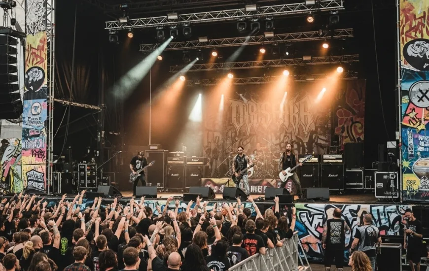 Širokoúhlý záběr pódia na festivalu Obscene Extreme, kde grindcoreová kapela hraje pro rozvášněný dav v mosh pitu pod ostrými světly.