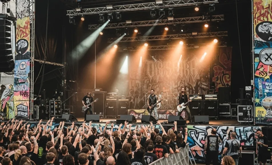 Širokoúhlý záběr pódia na festivalu Obscene Extreme, kde grindcoreová kapela hraje pro rozvášněný dav v mosh pitu pod ostrými světly.