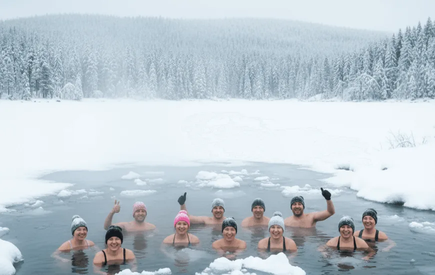 Otužilci, skupina, která je ve studené vodě v zasněžené přírodě s lesem v pozadí