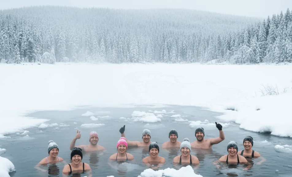 Otužilci, skupina, která je ve studené vodě v zasněžené přírodě s lesem v pozadí